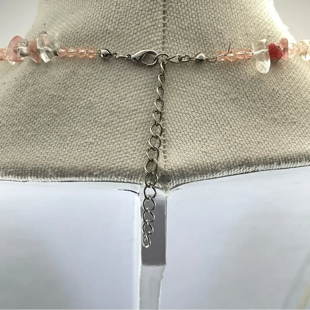 Beautiful Necklace Rose Cherry Clear Quartz Nugget Orange Glass Beaded Statement